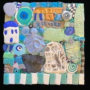 Handmade Mosaic Art”Expect A Miracle”Polymer Clay Original On Wood  6” Square